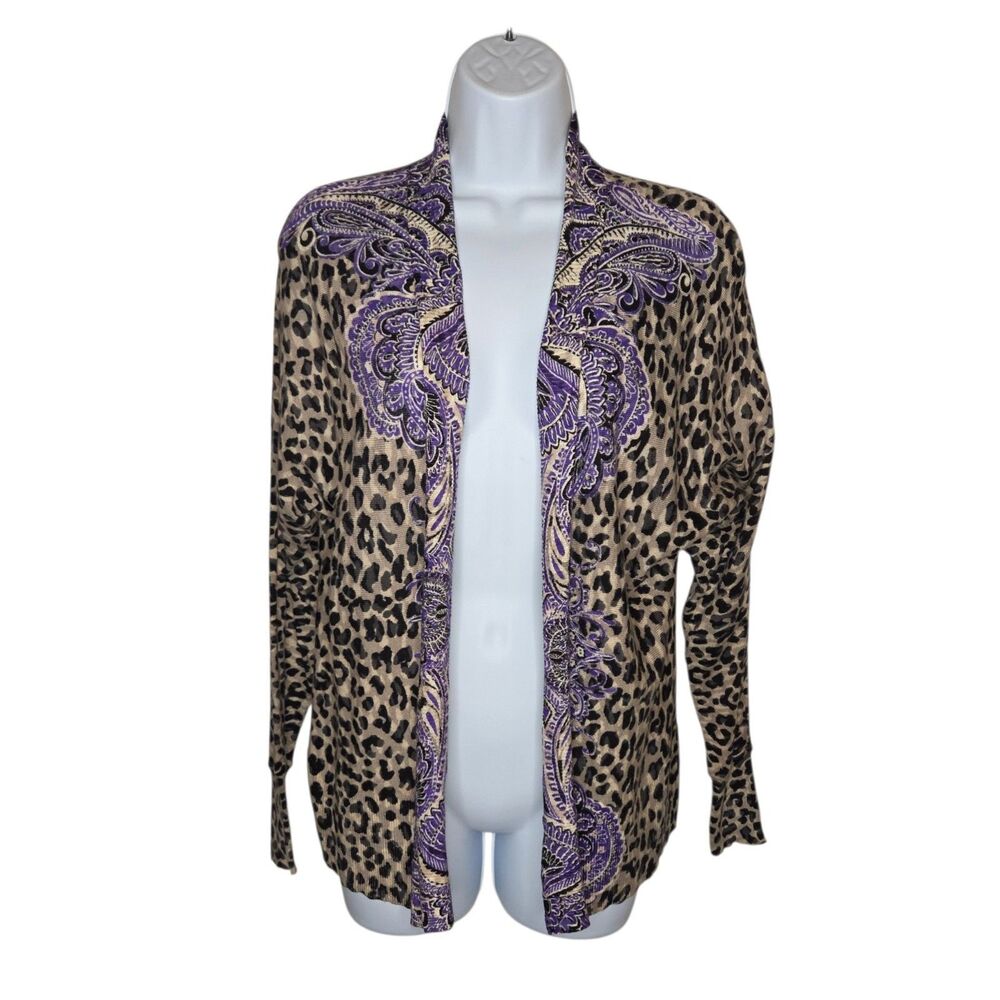 Chico's Size 1 Medium Leopard Print Purple Paisley Open Front Cardigan Sweater